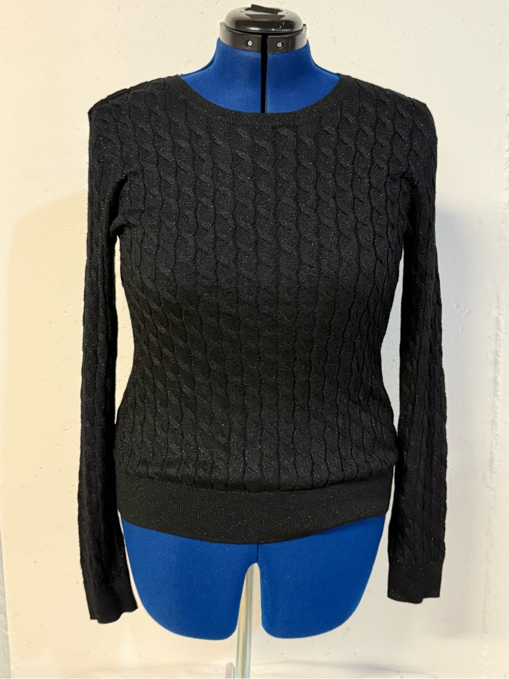 Talbots Black Cable-Knit Crewneck Sweater with Metalic thread